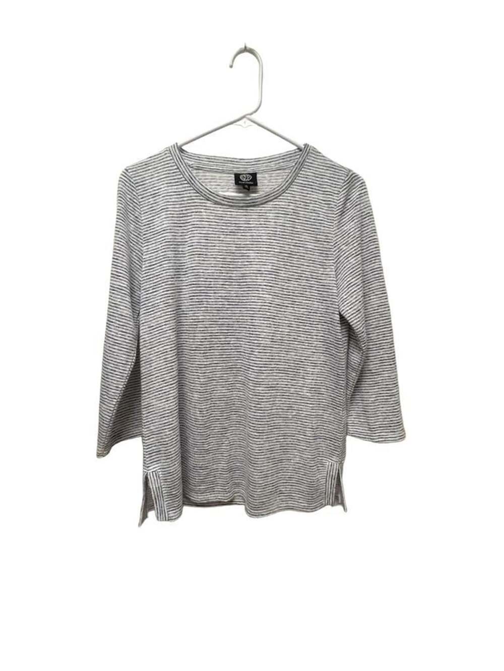 Bobeau Women's Gray and Blue Striped Long Sleeve Crew Neck Top Size M